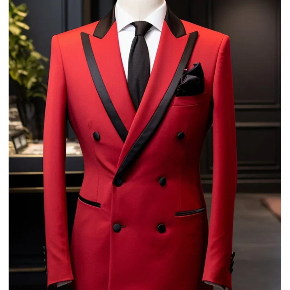 Luxury Suits for Men Red Blazer Black Pants 2 Piece Double Breasted Peak Lapel Slim Fit Male Clothing Customized Costume Homme