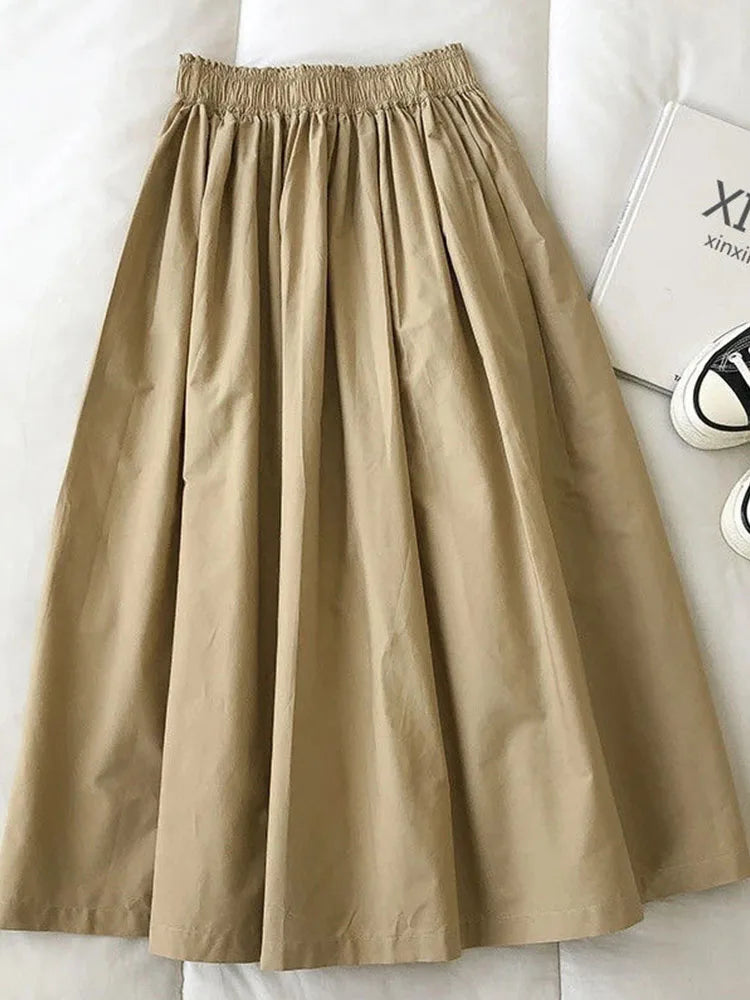 Women's White Long Skirt High Waist A-Line Knee-Length Fashion Pockets Pleated Casual Elegant Skirts for Autumn 2024