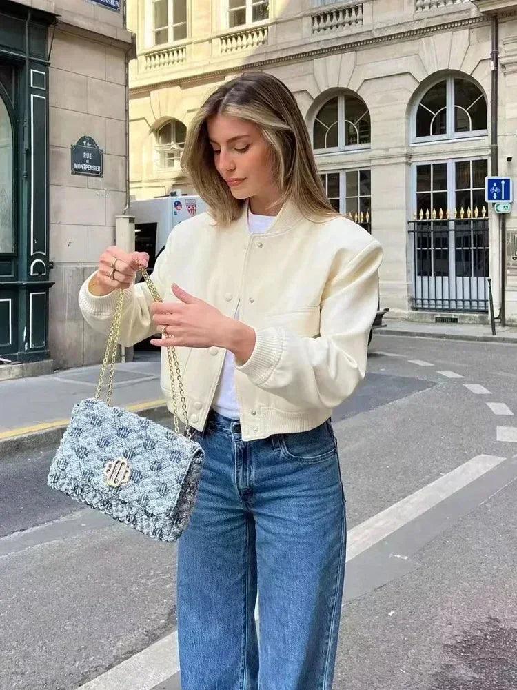 Button bomber cropped jackets woman coat autumn winter outerwear