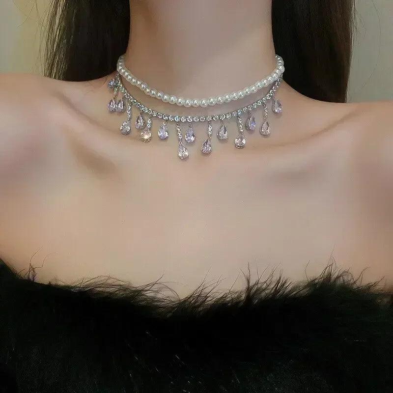 Luxury rhinestone crystal chokers necklaces for women multilayer imitation pearl chain necklace party wedding jewelry