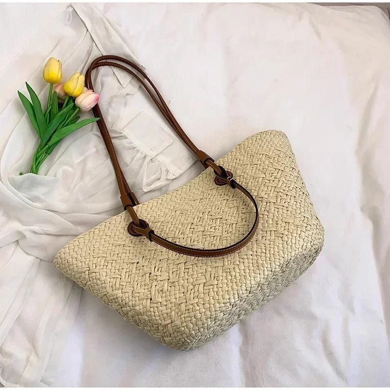 Designer bohemian chic shoulder bag,solid color large capacity straw woven tote bag,nature-inspired beach vacation