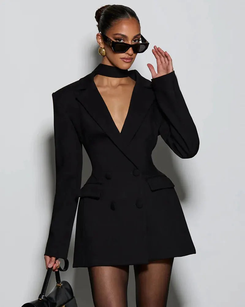 Sexy Mini Blazer Dress Wiht Scarf  Women Elegant  Long Sleeve Double-breasted High Waist Club Party Blazers Dress