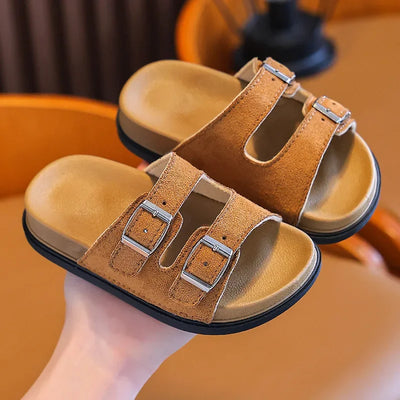 2025 Buckle Kids Summer Shoes PU Solid Beach Slippers For Girls Boys EVA Non Slip Soft Sole Fashion Children's Slippers