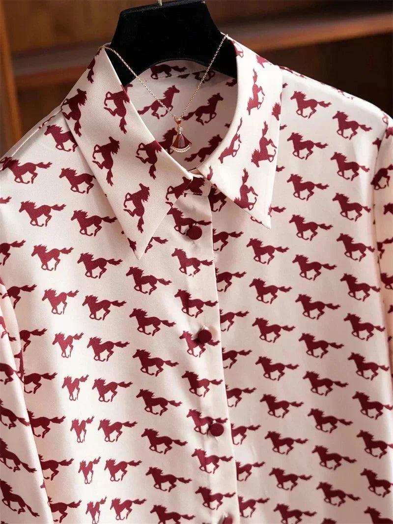 Women satin silk shirts g horse print