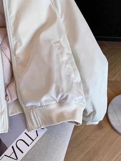 Bomber Jacket for Women Winter Zip-up White Plain Loose Baseball Aviator Coat