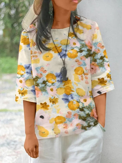 Women's Linen Bohemian Floral Printed  3/4 Sleeve O-Neck Top
