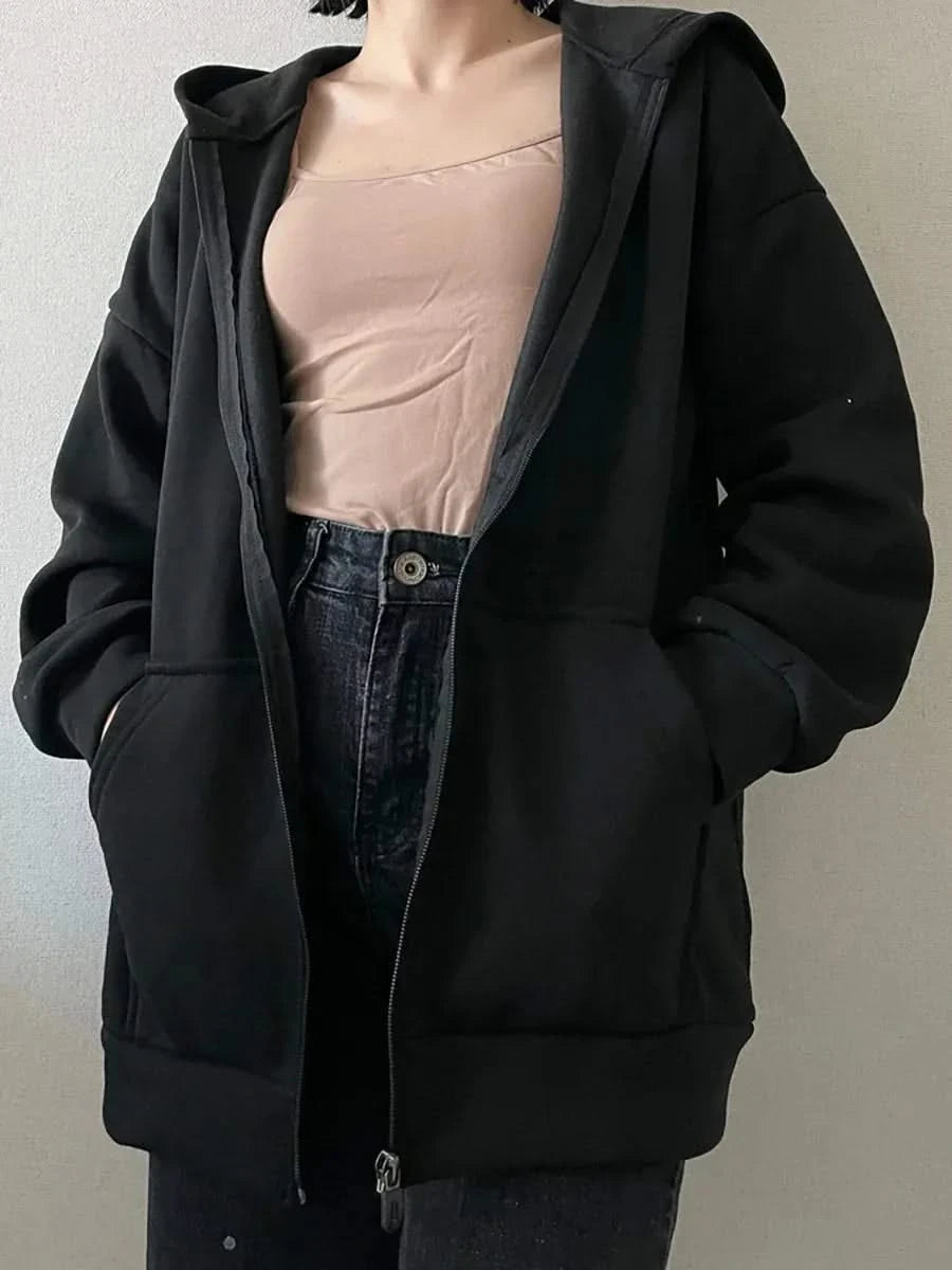 Women's Long Sleeve Oversized Zip Up Hooded Sweatshirt Y2k Loose Streetwear Black Solid Fleece Zip Hoodie