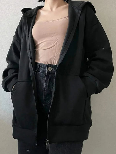 Women's Long Sleeve Oversized Zip Up Hooded Sweatshirt Y2k Loose Streetwear Black Solid Fleece Zip Hoodie