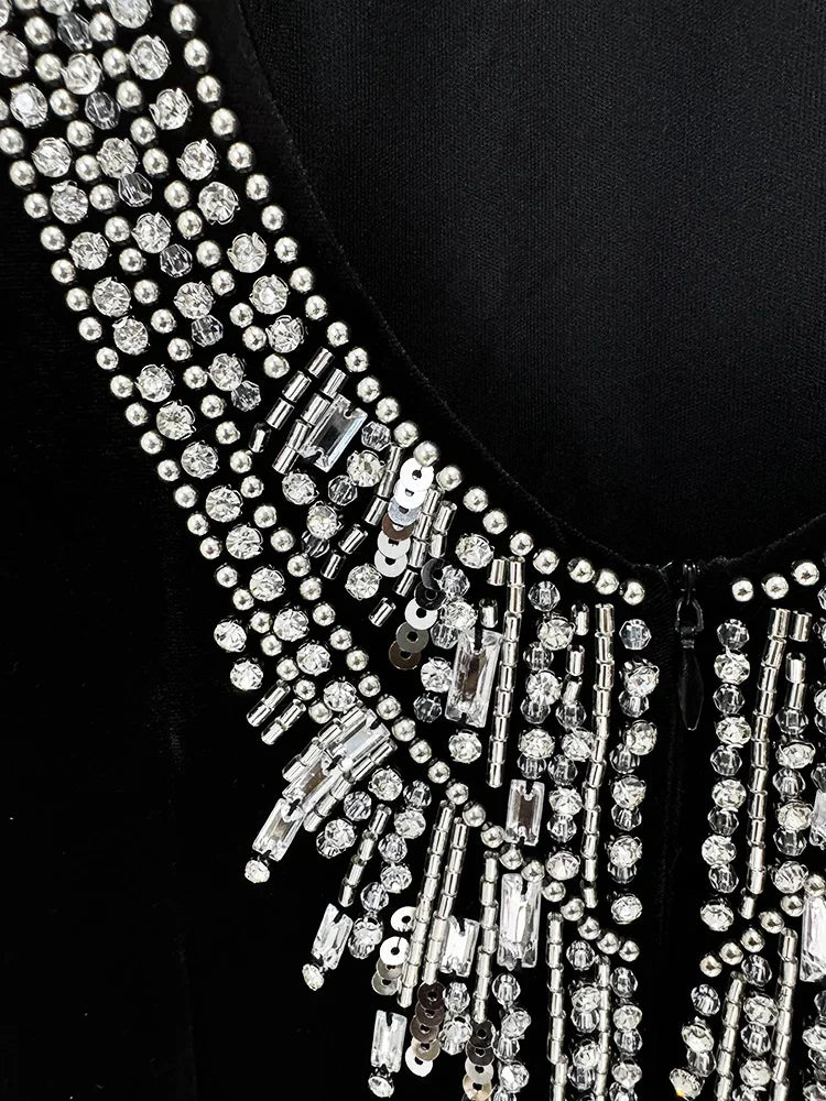 HIGH STREET Newest Fashion 2025 Designer Party Vestido Women's Diamonds Beading Sleeveless Sexy Backless Velvet Long Maxi Dress