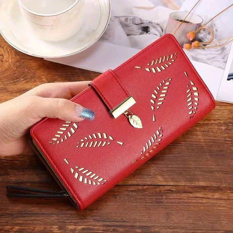 Elegant Women's Wallet With Hollowed-Out Leaf Design, Bifold Long Zippered Clutch, PU Leather Mobile Phone Bag Card Coin Purse