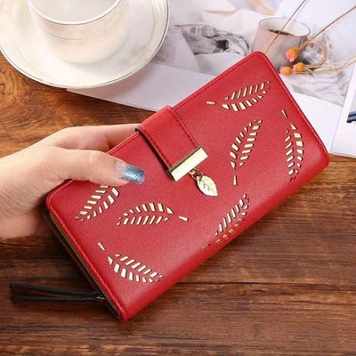Elegant Women's Wallet With Hollowed-Out Leaf Design, Bifold Long Zippered Clutch, PU Leather Mobile Phone Bag Card Coin Purse