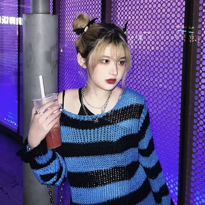 Gothic Sweaters Women Ripped Holes Loose Knitted Purple Striped Pullover Frayed Fairy Grunge Jumpers Emo Streetwear Lolita