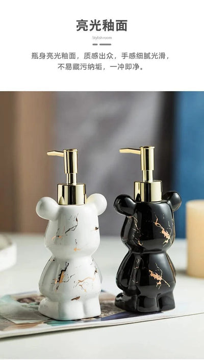 Luxury Marbling Bear Shape Ceramics Soap and Gel Dispenser Creative Black White Empty Shampoo Bottle Bathroom Storage Accessorie