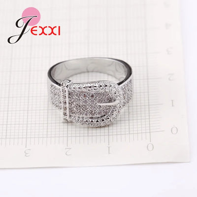 925 Sterling Silver Jewelry Fashion Shiny Belt Ring Women Delicate Full Austrian White Crystal Inlay Paved Bijoux