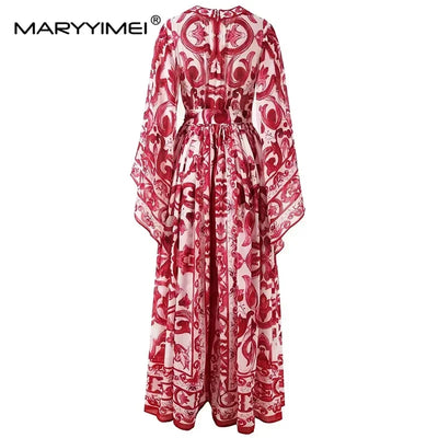 Seifrmann Spring Autumn Designer Women's V-neck Flying sleeve Lace up Print Loose Holiday robe Dresses