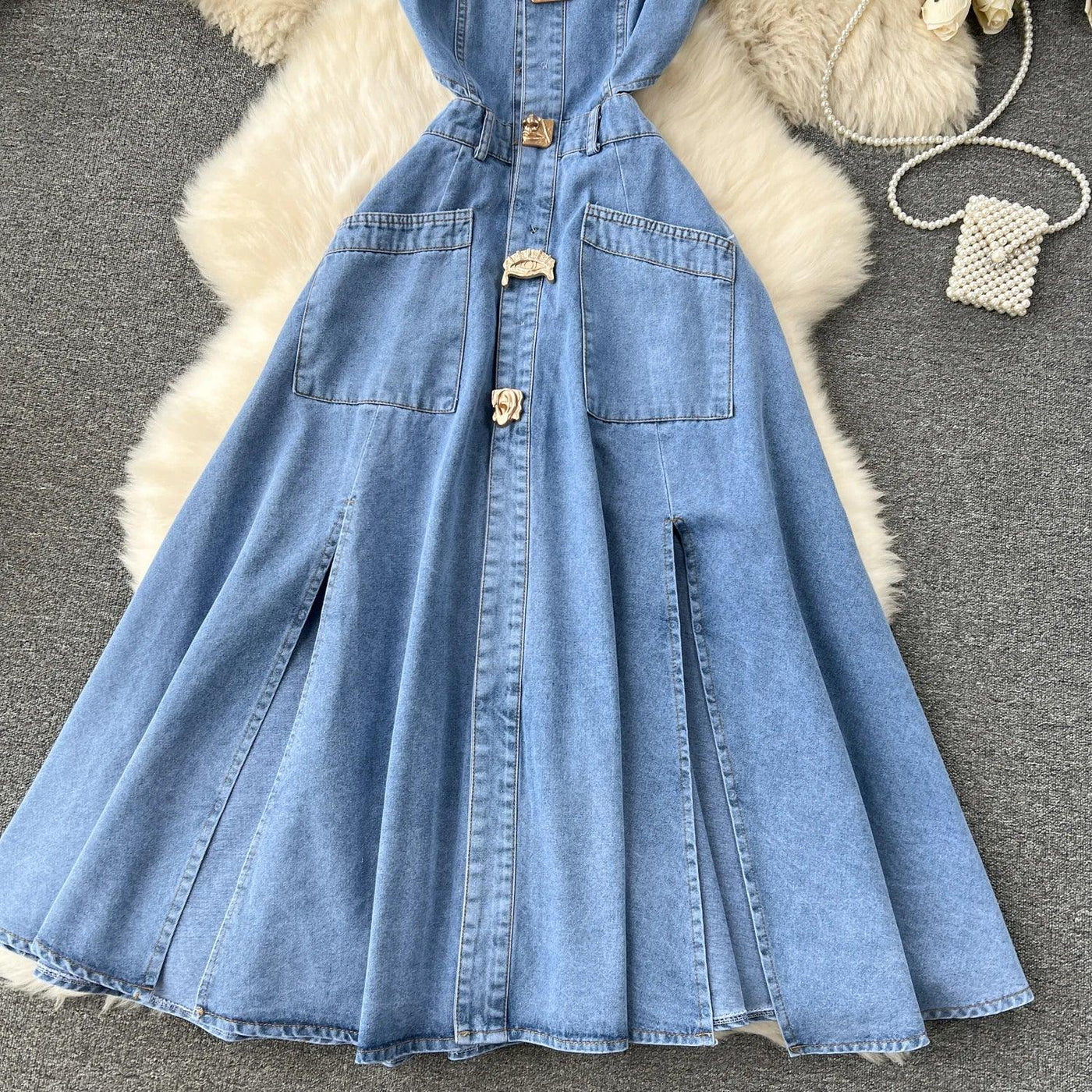Designer Denim Dress Women Long Dresses Single Breasted Big Turn-down Collar Waist Slimming Temperament Split A-Line Vestidos