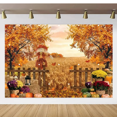 Autumn Thanksgiving Party Photo Backdrop Farm Harvest Maple Leaves Sunflowers Scarecrow Pumpkin Backdrop Poster Studio Photozone