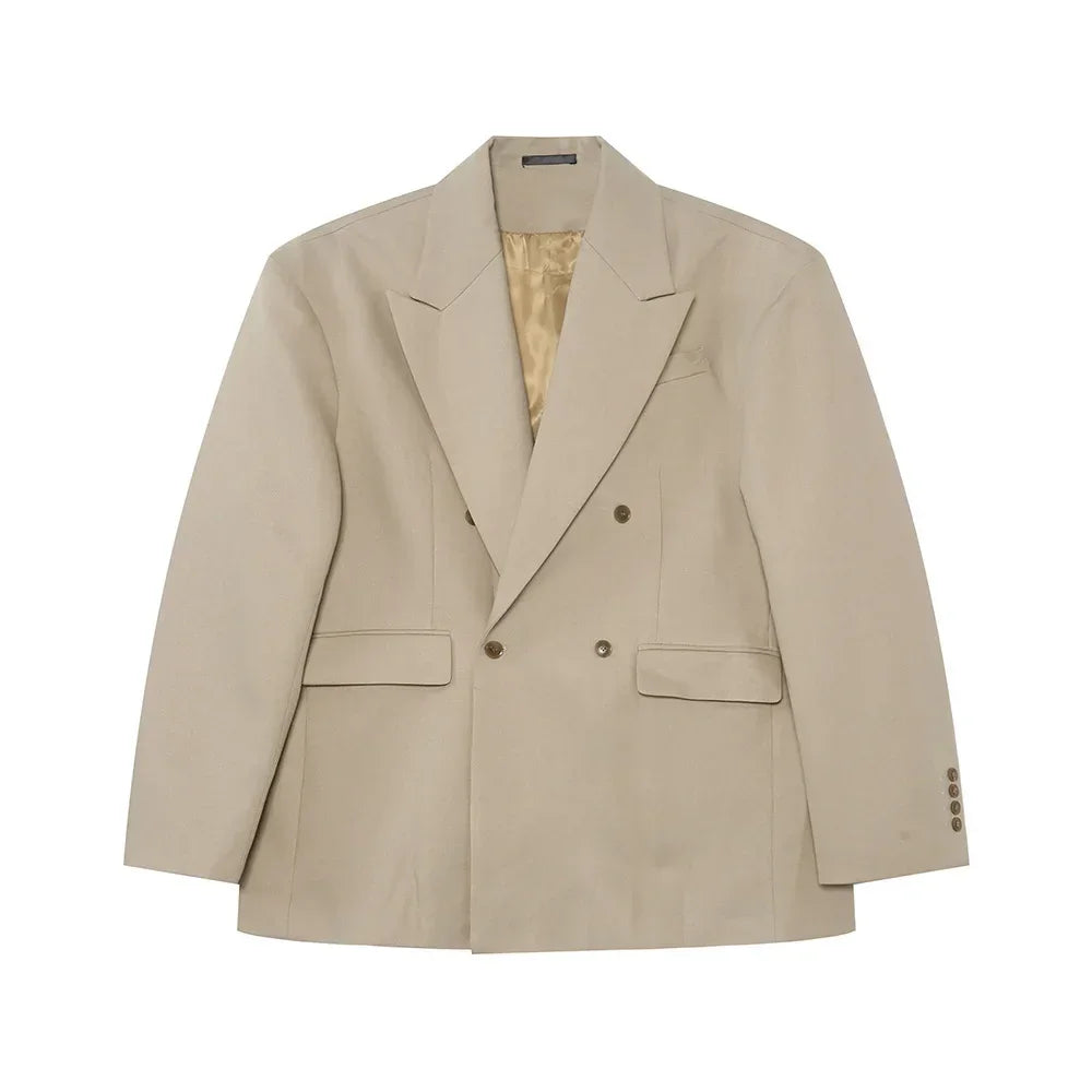 IEFB Korean Style Men's Blazers Double Breasted Shoulder Padded Tops Turn-down Collar Solid Color Loose Male Suit Jackets 9C8669