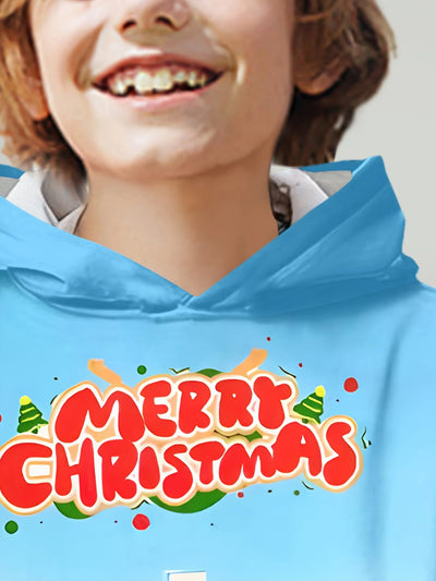 【Christmas Party Kids Wear】New Autumn Winter Children's Hooded Sweatshirt with Merry Christmas Print, for Sports and Daily Wear