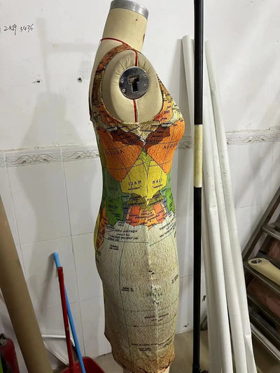 Summer Dresses for Women 2022 Map Print Sexy Sleeveless U-Neck Bodycon Mini Daily Dress