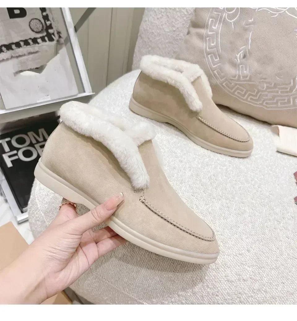 Fur ankle boots women’s cow suede loafers high quality 2025 winter flat shoes integrated warm snow