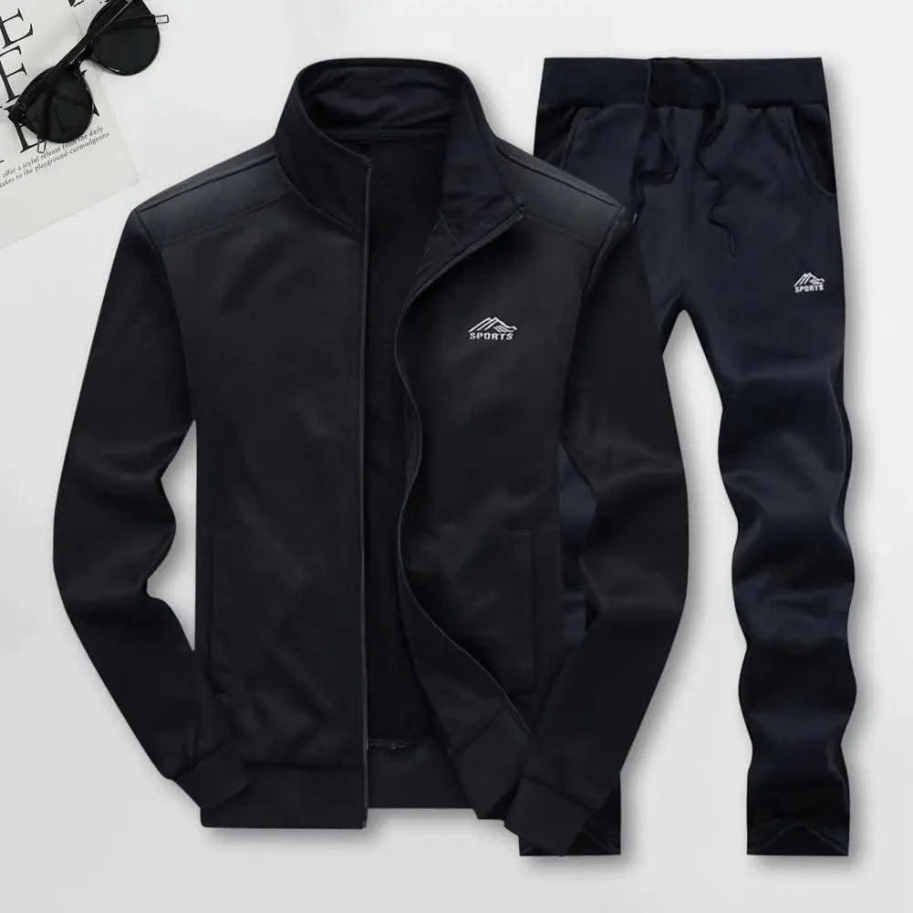 Activewear Men's Athleisure Suit with Stand Collar Coat Elastic Drawstring Waistband Pants Set Zipper Placket Long Sleeve