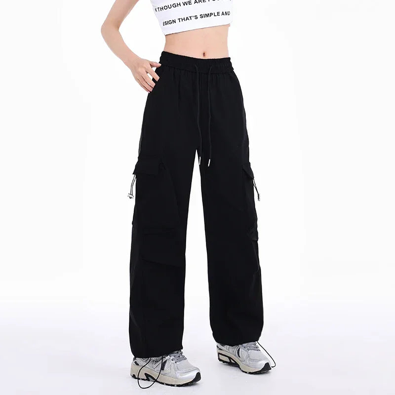 American Drawstring Fashion Women's Pants Casual Pocket Cargo Pants Female Straight Baggy Outdoor Sweatpants Red Apricot Khaki