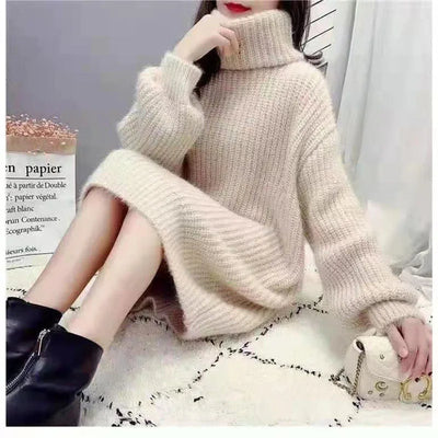 Turtleneck Pullover Sweater Dress Women's Outer Wear 2025 New Autumn Winter Fashion Loose Warm Mid-length Knitted Coat Tops