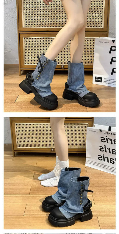 Women Boots British Fashion Pants Leg Boots  New Thick Soled Rivet Zipper Belt Buckle Platform Anti Slip Cowboy Short Boots