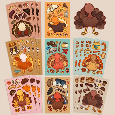 8/16/32pcs Cartoon Thanksgiving Day Sticker Funny Turkey Cute Children DIY Puzzle Make A Face Stickers Kids Educational Toys﻿