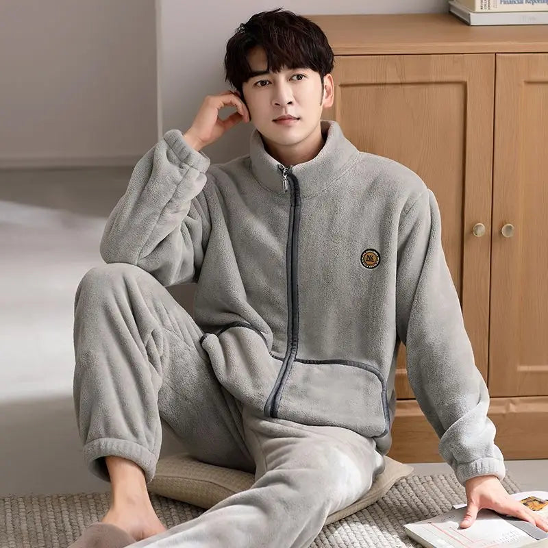 Men's Plush Fleece Pajamas Set Winter Warm Flannel Sleepwear