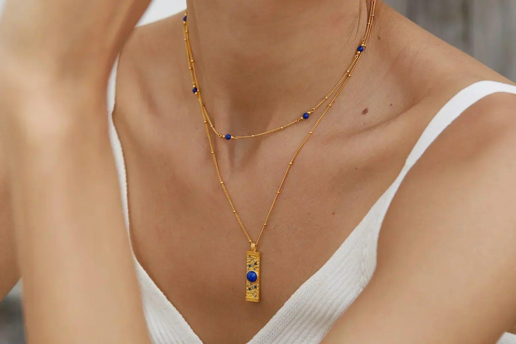 Lapis lazuli cz 925 silver gold plated hammered bar pendant necklace women blue stone geometric trendy dainty luxury