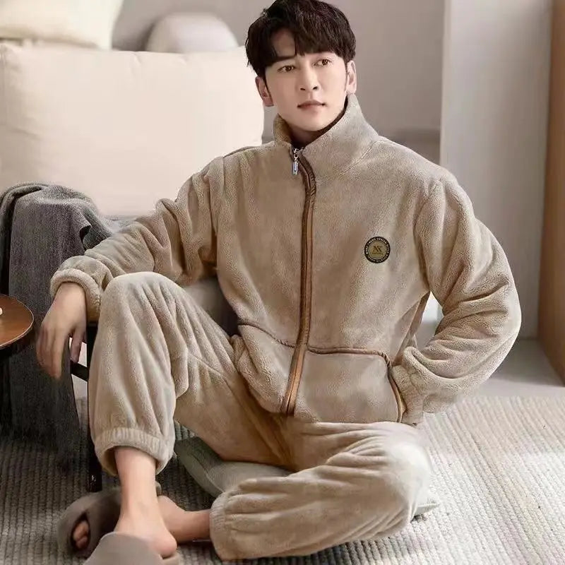 Men's Plush Fleece Pajamas Set Winter Warm Flannel Sleepwear