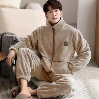 Men's Plush Fleece Pajamas Set Winter Warm Flannel Sleepwear