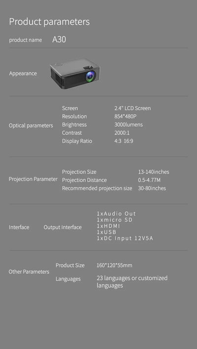 Portable Projector A30 Support 4K HDMI 1080P Mini Projectors Smart TV WIFI Home Theater Cinema Sync Android Phone Beamer LED