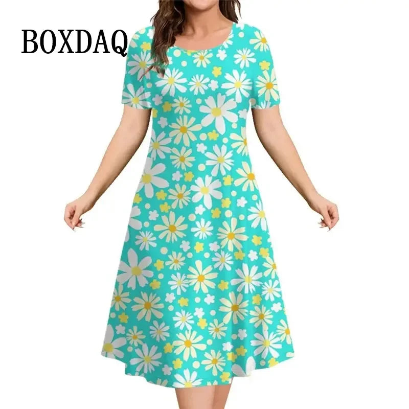 Summer Woman Short Sleeve Dress Elegant Party Evening Dress Women‘S Clothing Party A-Line Skirt Crushed Flower Pullover Dresses