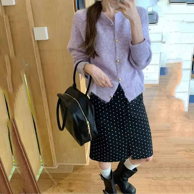 Autumn Winter Women's Knitted Jacket Solid Color Fuzzy Long Sleeve Button Sweater Cardigan Casual O-Neck Loose Soft Knitwear