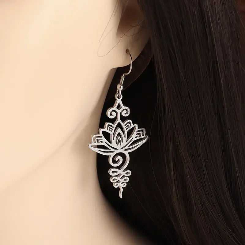Stainless Steel Engraved Lotus Pendant Earrings for Women Yoga Meditation Jewelry Gifts