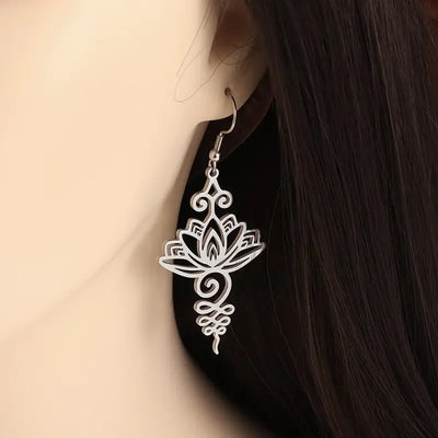 Stainless Steel Engraved Lotus Pendant Earrings for Women Yoga Meditation Jewelry Gifts