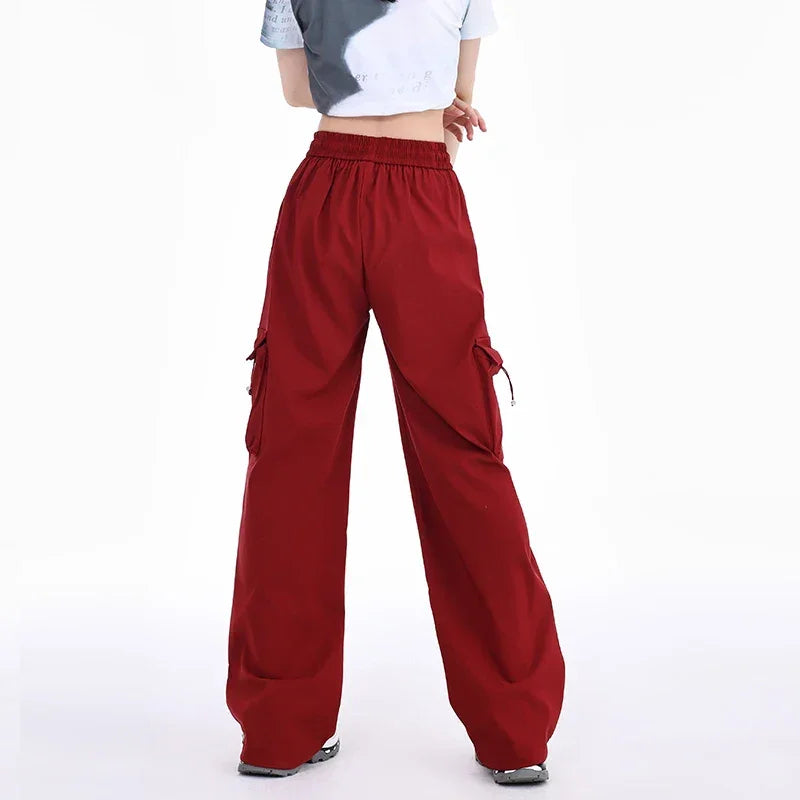 American Drawstring Fashion Women's Pants Casual Pocket Cargo Pants Female Straight Baggy Outdoor Sweatpants Red Apricot Khaki