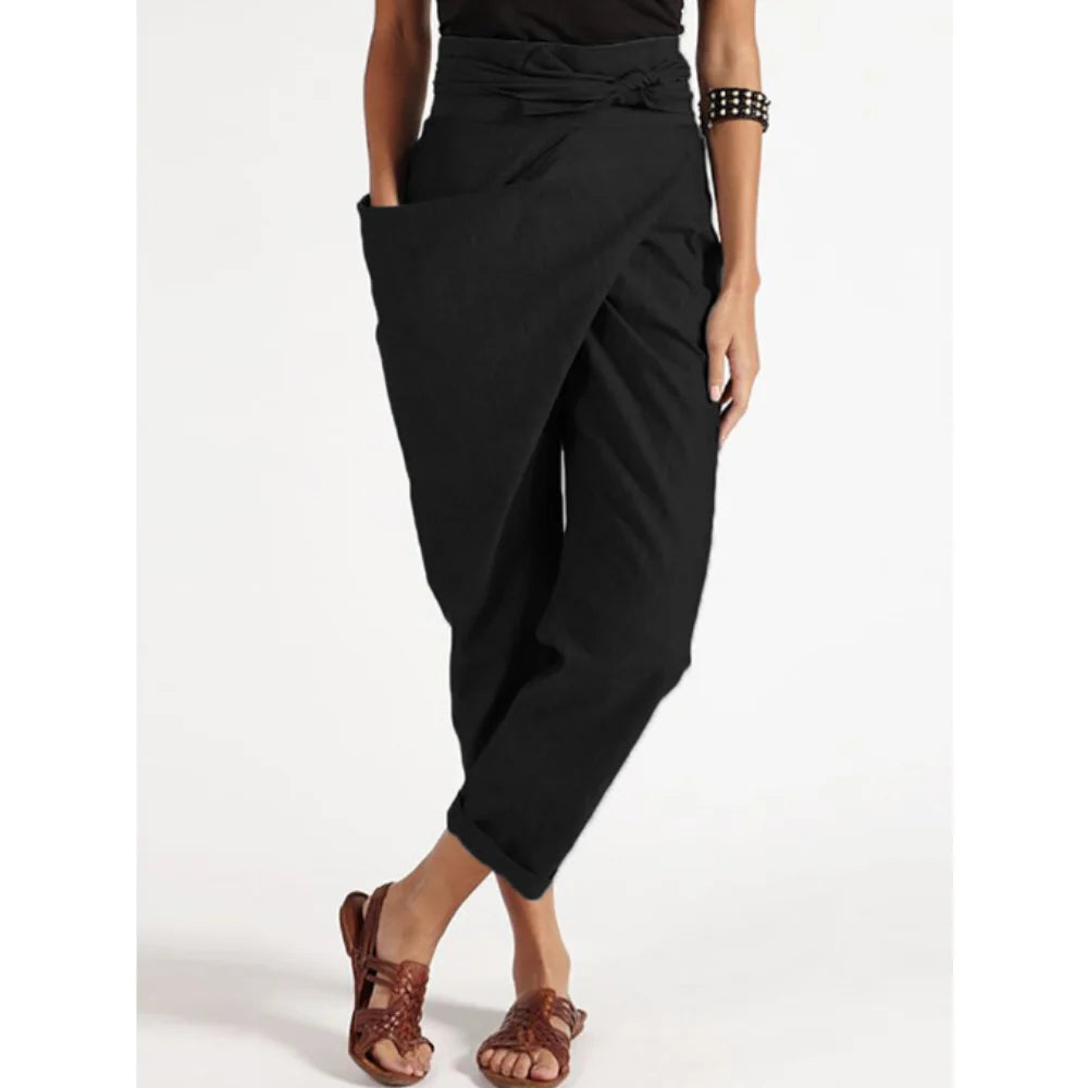 Women's Wide Leg Pants women Trousers Elastic Waist Cargo Casual Pants With Band Irregular lace up cropped pants ropa mujer