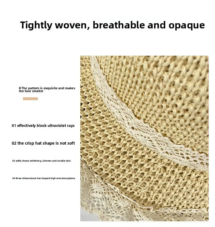 Sunscreen Hat for Women Summer Outdoor Sun Hat Large Brim French Lace Straw Hat Woven Vacation Beach Hat