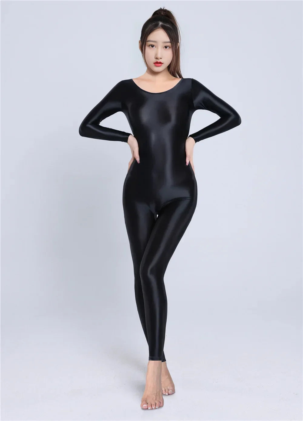 Women's Sexy Yoga Shaper Jumpsuit Dance SM Wear Oil Glossy High Elastic Long Sleeves Bodysuit Sheer Slip Satin Slimming Tights
