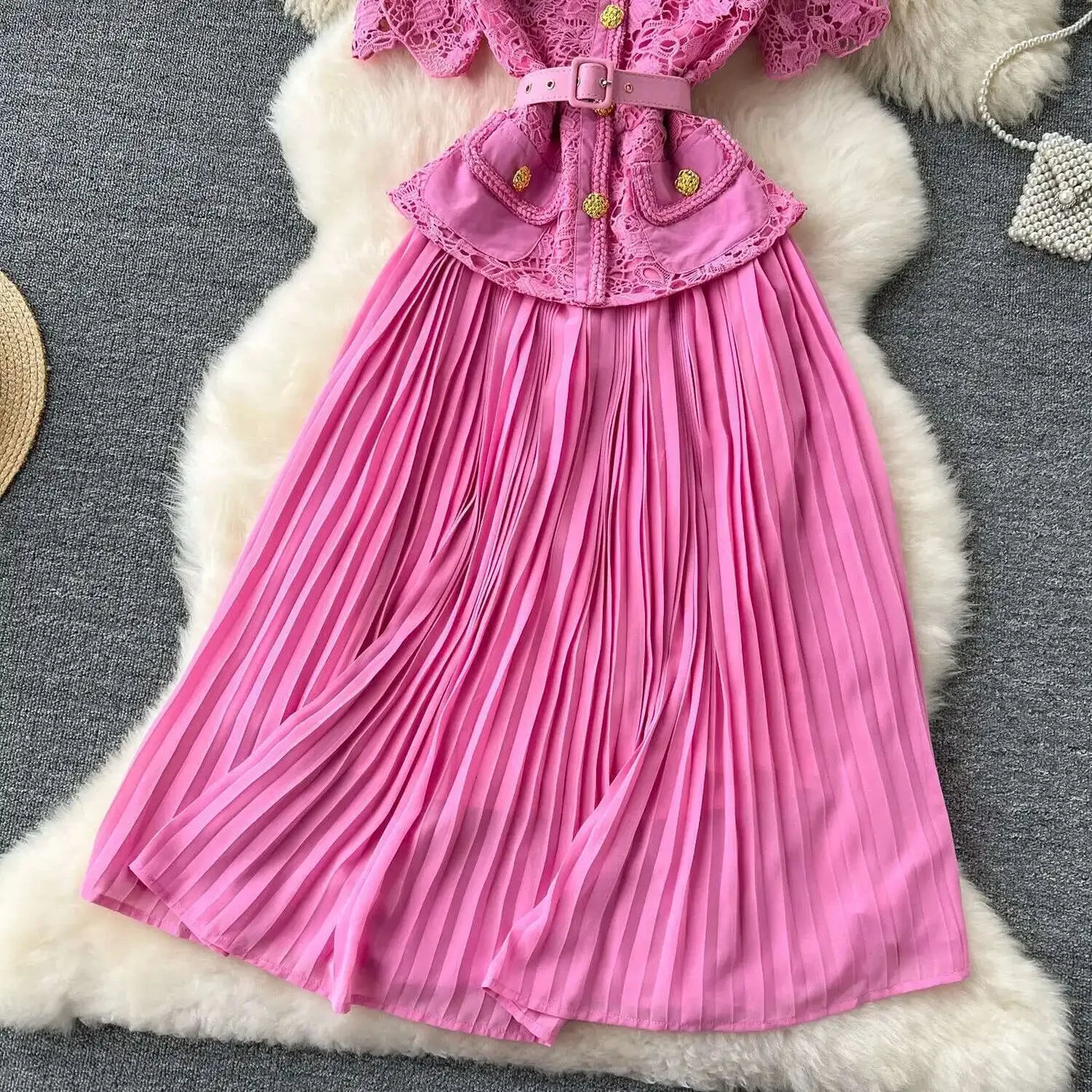 Designer 2025 Summer Pleated Chiffon Lace Long Dress Women Flower Embroidery Gold Button Belt Evening Party Dresses Wedding Robe