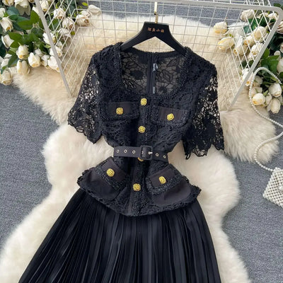 Designer 2025 Summer Pleated Chiffon Lace Long Dress Women Flower Embroidery Gold Button Belt Evening Party Dresses Wedding Robe