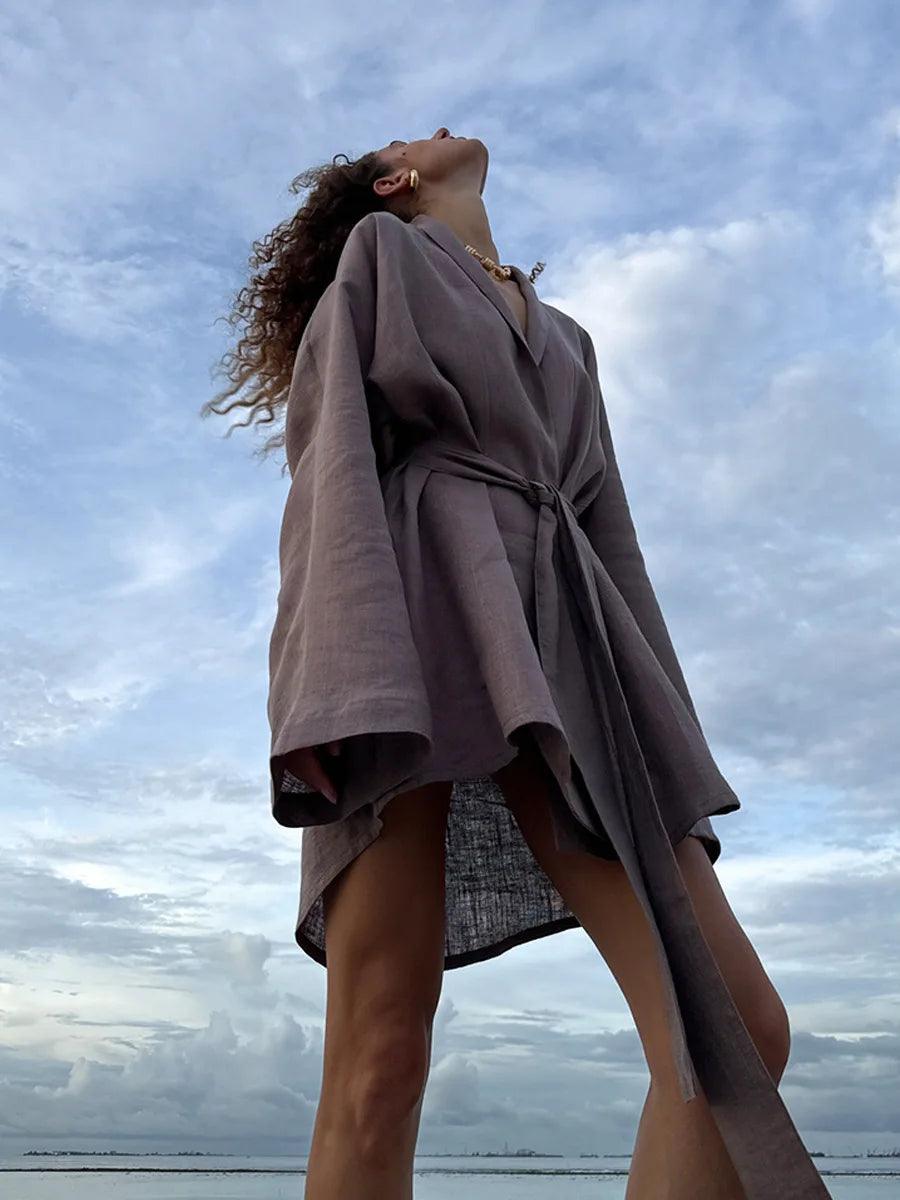 Elegant cotton linen v-neck beach dress 2025 spring and summer women fashion soft comfortable loose lace vacation casual