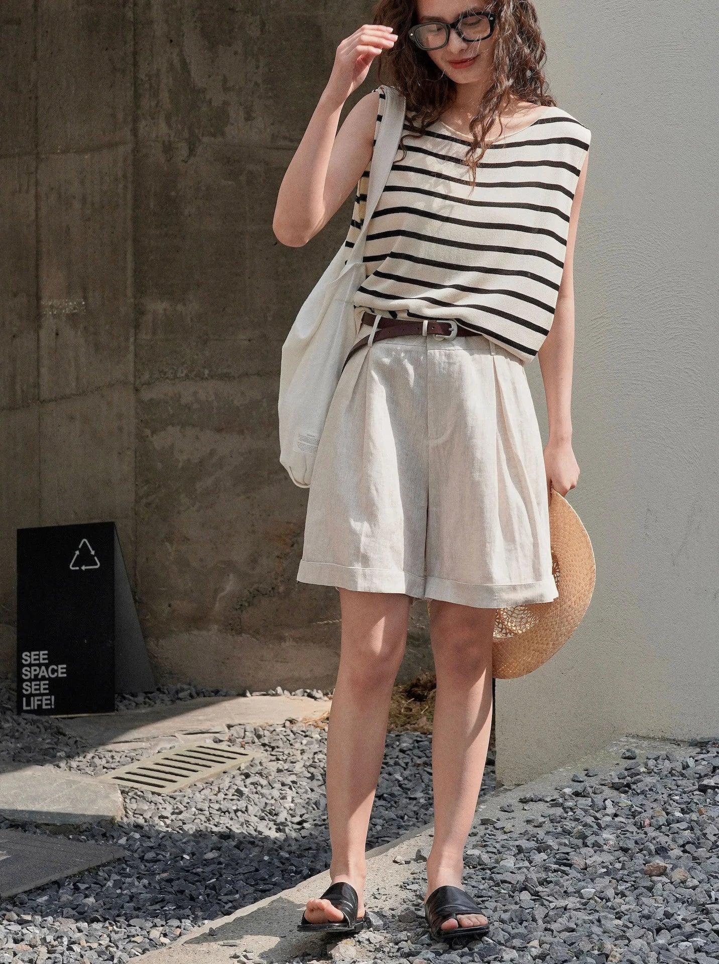 Summer korea style lazy linen curled bermuda shorts wide leg loose slim casual hot pants for women
