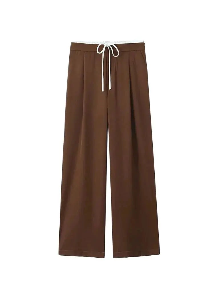 Women's Double Waistband Wide Leg Pants, High Elastic Waist With Drawstring, Side Pockets, Female Trousers, Chic Fashion