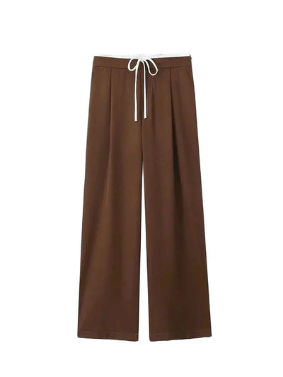 Women's Double Waistband Wide Leg Pants, High Elastic Waist With Drawstring, Side Pockets, Female Trousers, Chic Fashion