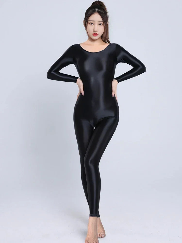 Women's Sexy Yoga Shaper Jumpsuit Dance SM Wear Oil Glossy High Elastic Long Sleeves Bodysuit Sheer Slip Satin Slimming Tights